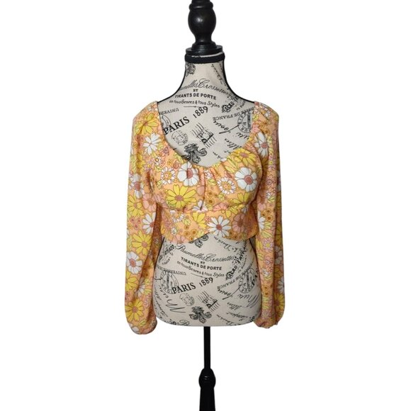 Madden NYC Floral Puff Sleeve CropTop M Y2K Retro Orange Festival Sunflower Vibe - Picture 1 of 14